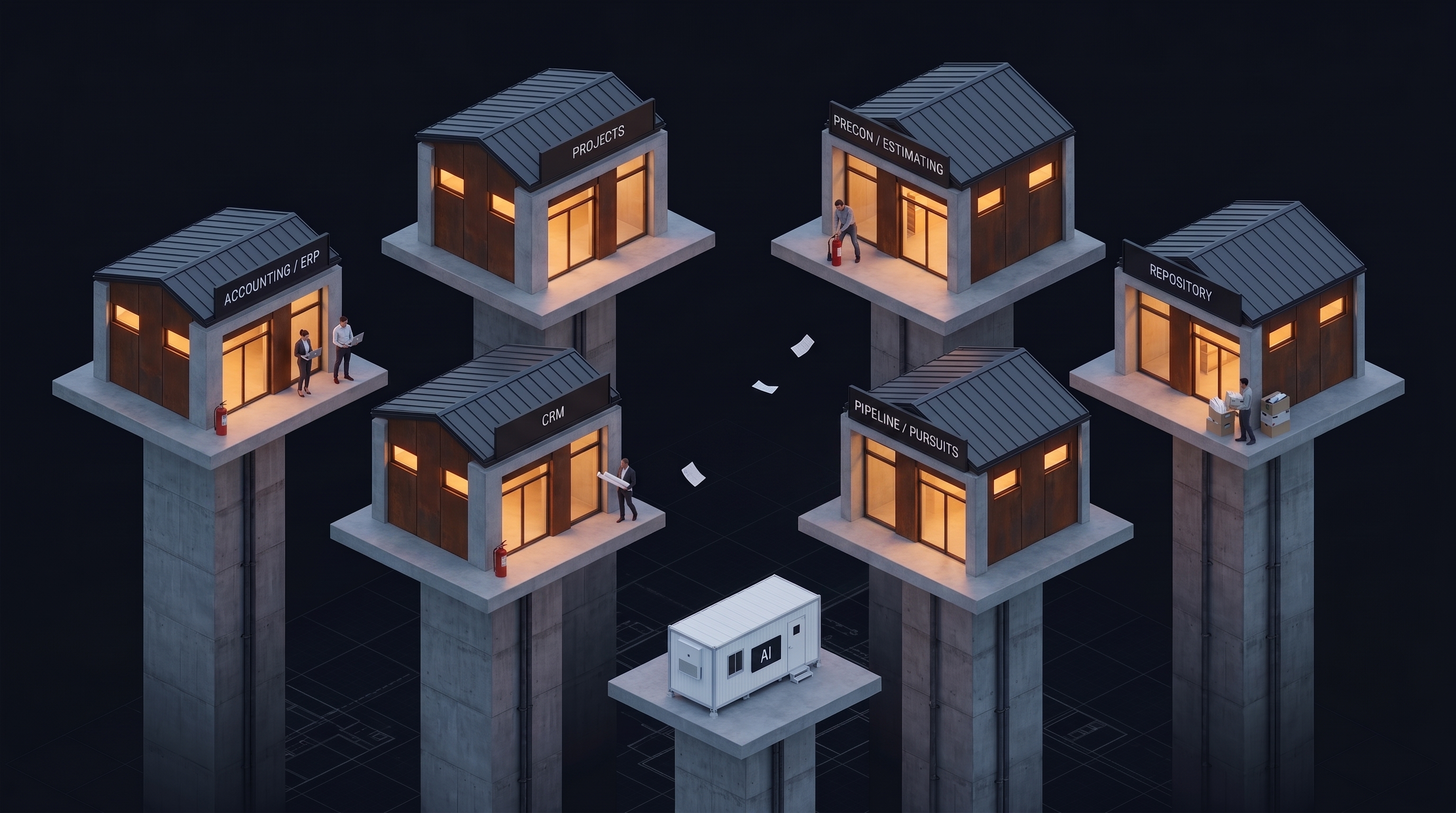 The typical GC stack today: six capable systems — accounting and ERP, projects, precon and estimating, CRM, pipeline and pursuits, repository — each on its own isolated concrete pillar, papers drifting between them, and a lone AI container on a low pillar connected to nothing