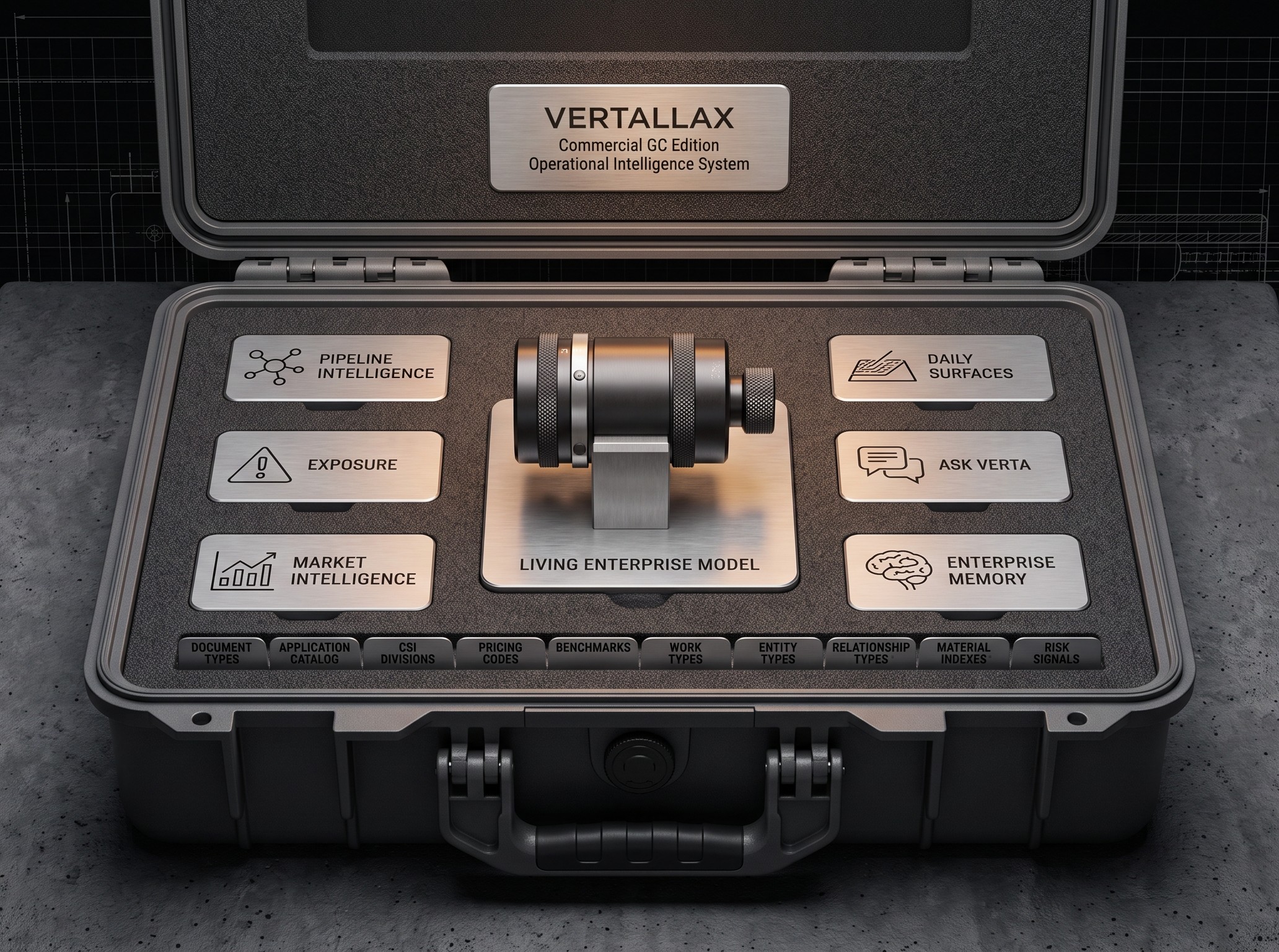 The Vertallax case, open: the Living Enterprise Model at the center, six capability plates around it, and the preloaded reference library filed along the front